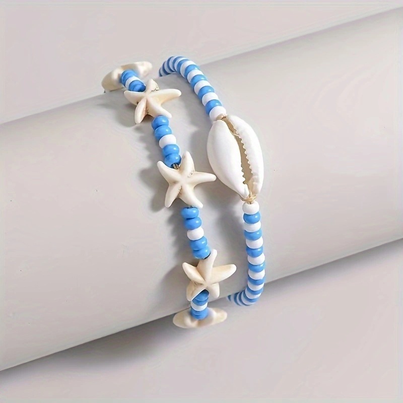 Boho Beach Anklet Set With Seashell and Starfish Charms